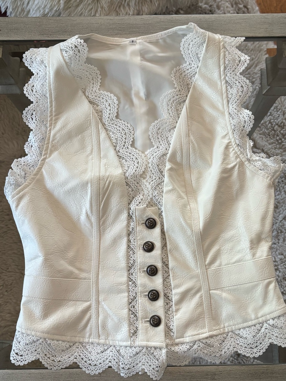 White Lace-Trimmed Faux Leather Corset Top - Picture 2 of 5